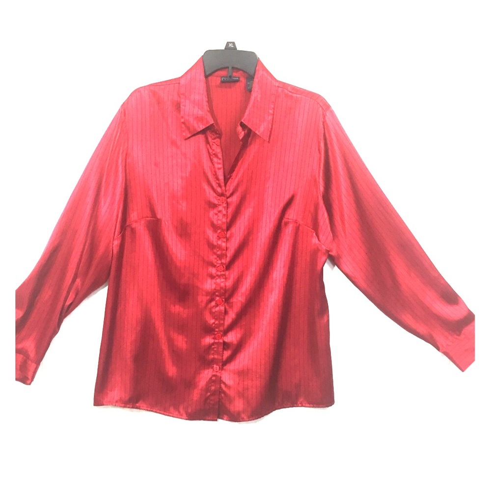 LAURA SCOTT 18W Red w/ Black Pinstripes Blouse EUC